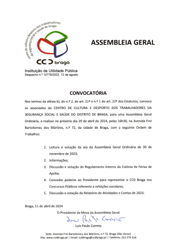 CCD Braga | Convocatria Assembleia Geral, 29.04.2024