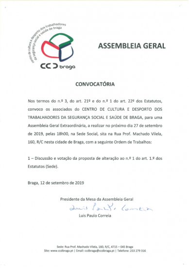 CCD Braga | Convocatria Assembleia Geral Extraordinria