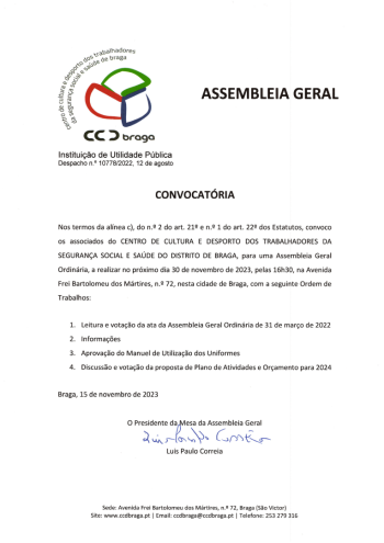 CCD Braga | Convocatria para Assembleia Geral Ordinria, 30 de novembro