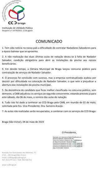 CCD Braga | Comunicado