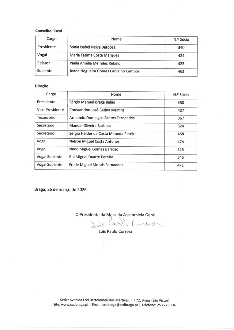 CCD Braga | Convocat�ria AG Eleitoral 01 04 2026 Aditamento