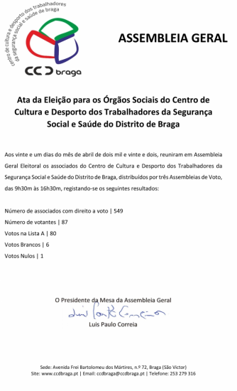 CCD Braga | Assembleia Geral Eleitoral, Ata