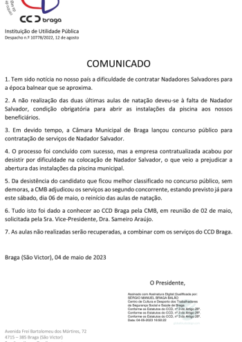 CCD Braga | Comunicado