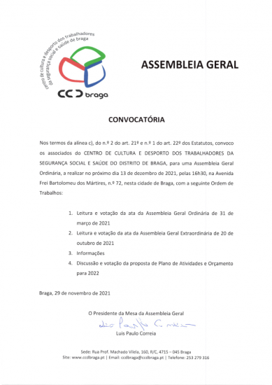 CCD Braga | Convocatória AG Ordinária
