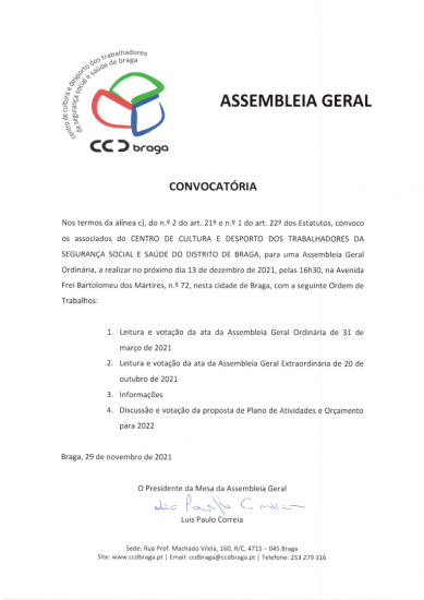 CCD Braga | Convocatória AG Ordinária CCD Braga | Convocatória AG Ordinária