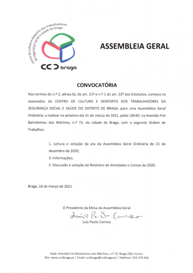 CCD Braga | Convocatria Assembleia Geral Ordinria, 31 de maro de 2021