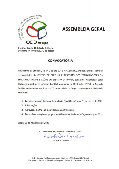 CCD Braga | Convocatória para Assembleia Geral Ordinária, 30 de novembro